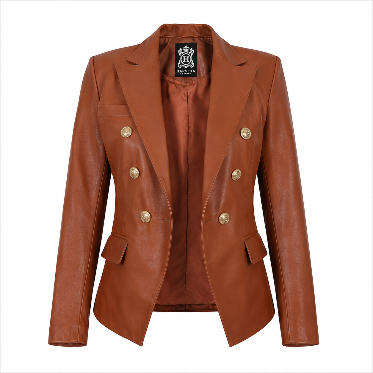 Women's Tan Brown Leather Double Breasted Blazer Jacket with Gold Buttons