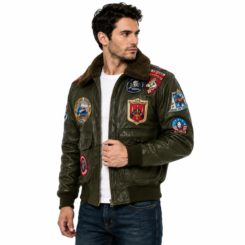 Men's Olive Green Genuine Leather Top Gun Bomber Jacket