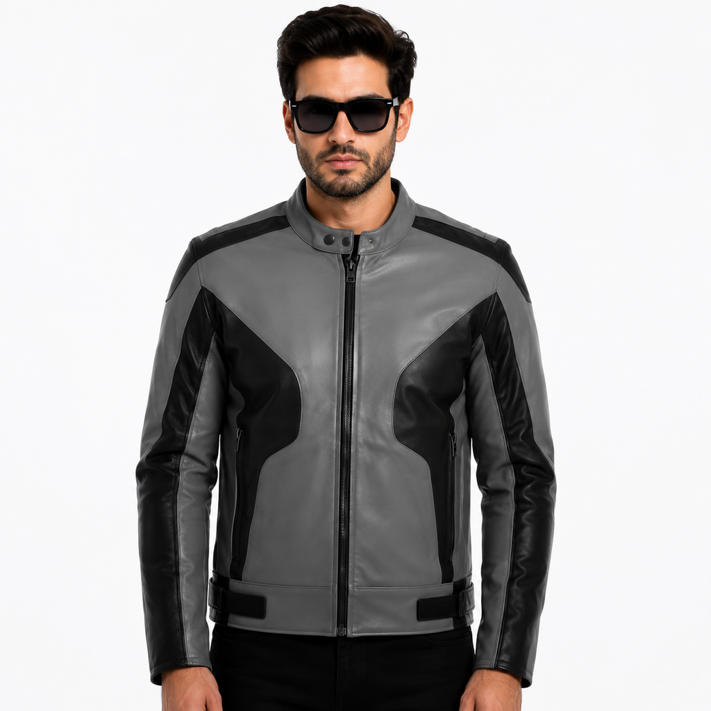 Men's Grey & Black Genuine Leather Biker Jacket
