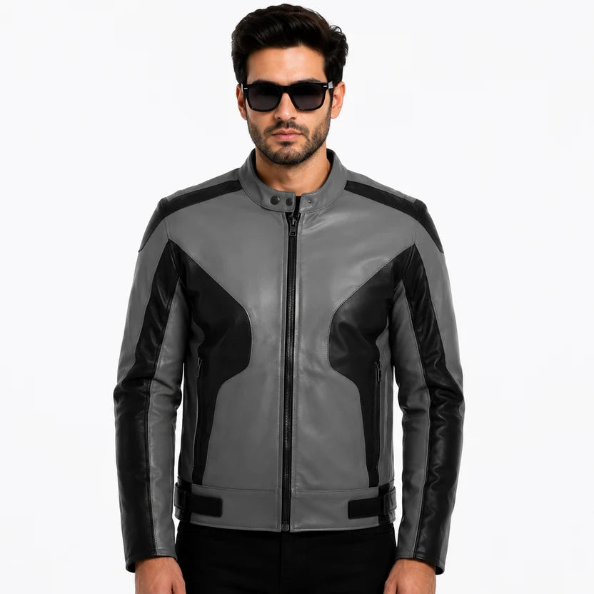 Men's Grey Black Armor Racer Leather Jacket Modern Motorcycle Streetwear