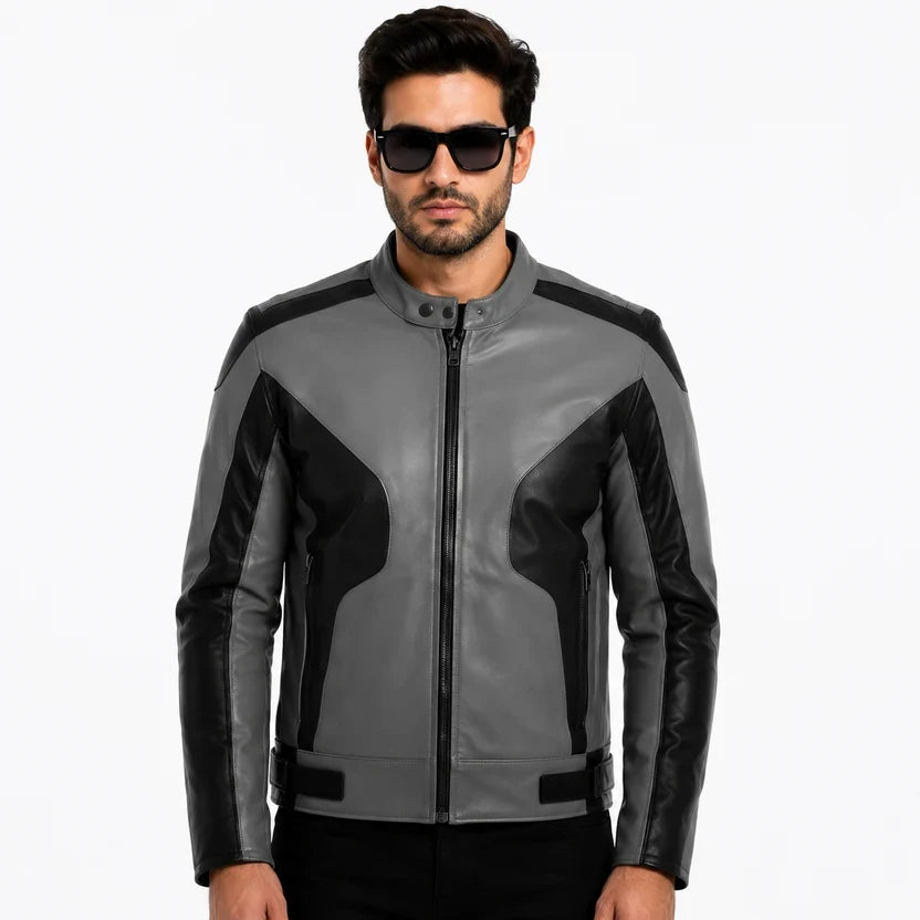 Men's White and Black Genuine Leather Biker Jacket
