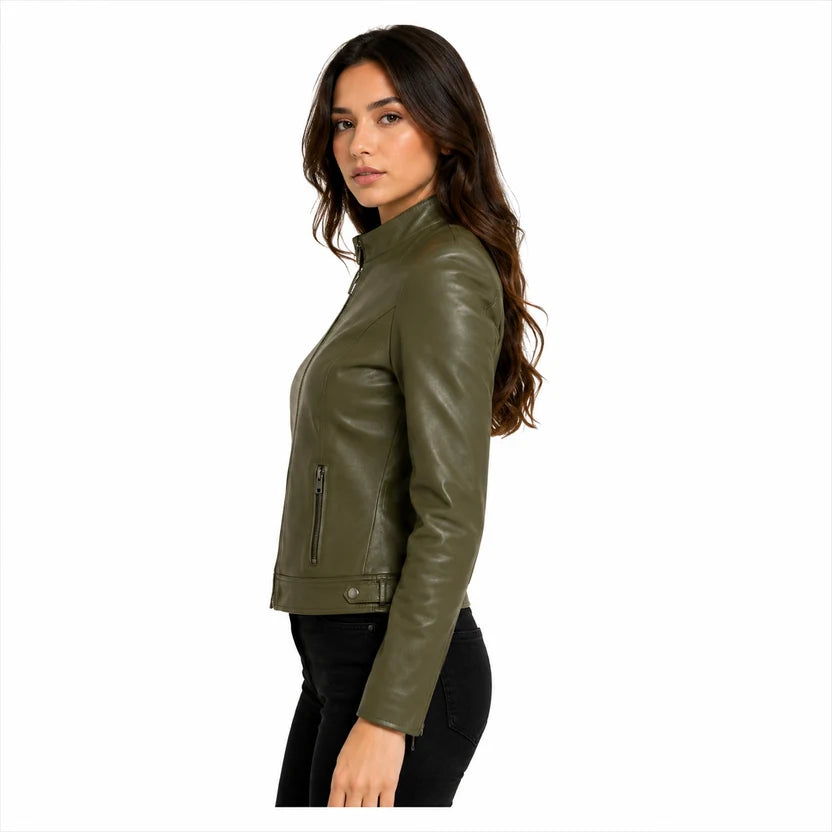 women's olive green real leather biker jacket