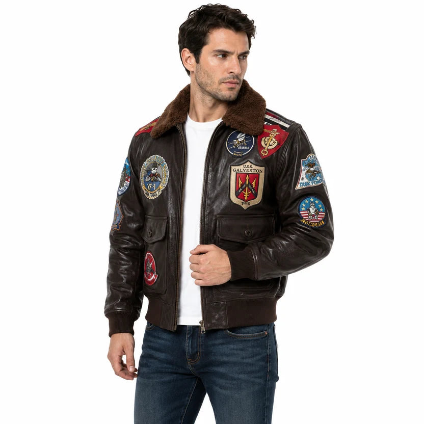 Men's Black Genuine Leather Top Gun Bomber Aviator Jacket