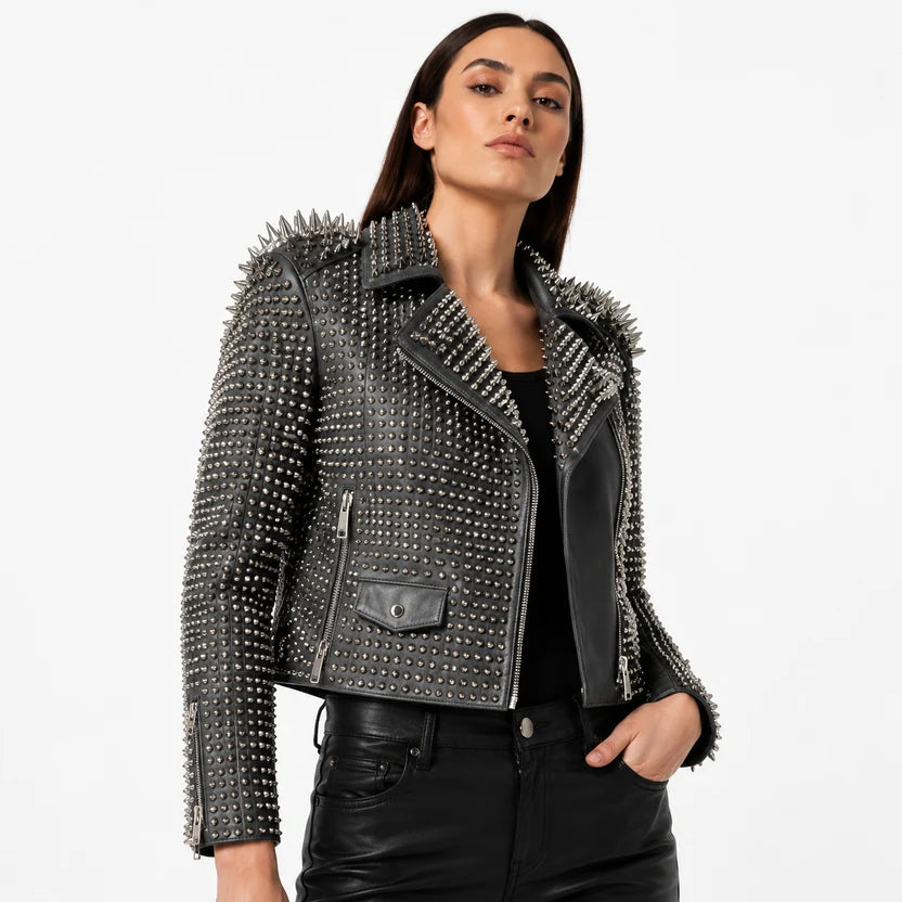 women's charcoal grey studded leather biker jacket