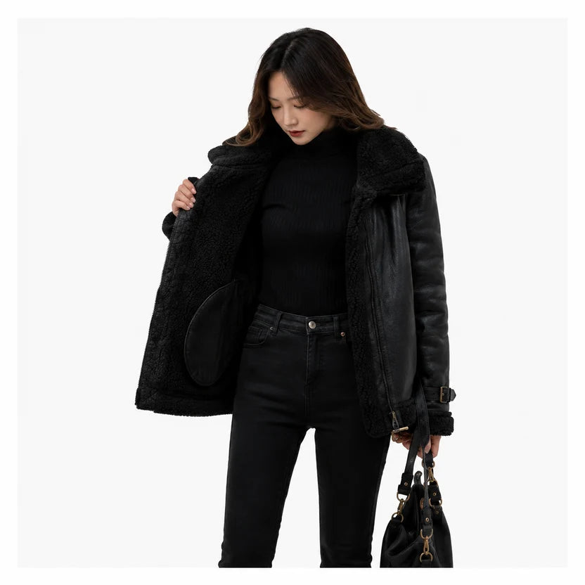 women's black genuine leather shearling bomber jacket