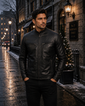 Men's Black Genuine Leather Cafe Racer Jacket