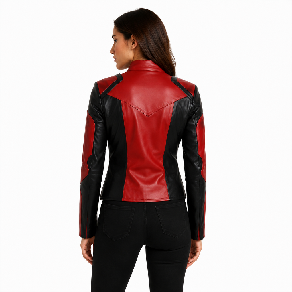 Women's Red and Black Two-Tone Cafe Racer Leather Jacket
