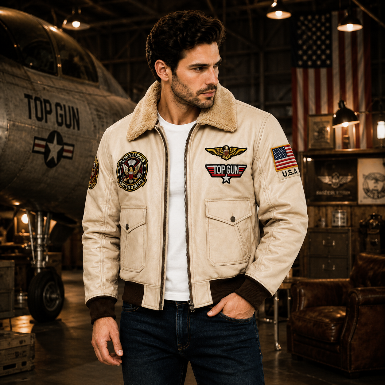 Men's Beige Top Gun G-1 Flight Leather Jacket