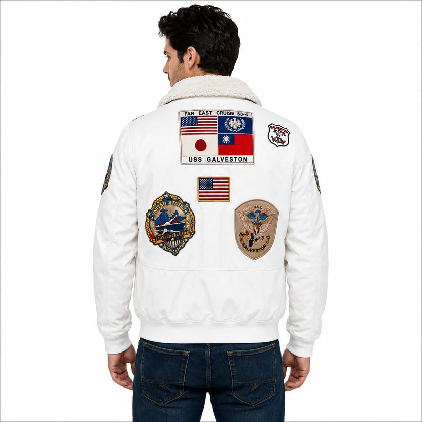 White Leather Bomber Jacket with Embroidered Patches on Sleeves for Men