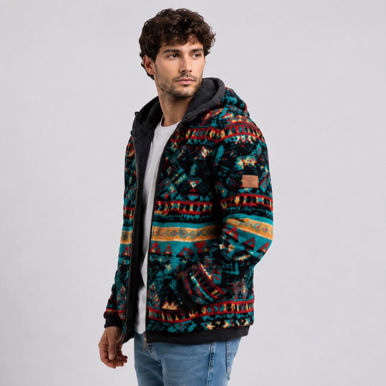 Men's Colorful Aztec Print Sherpa Jacket