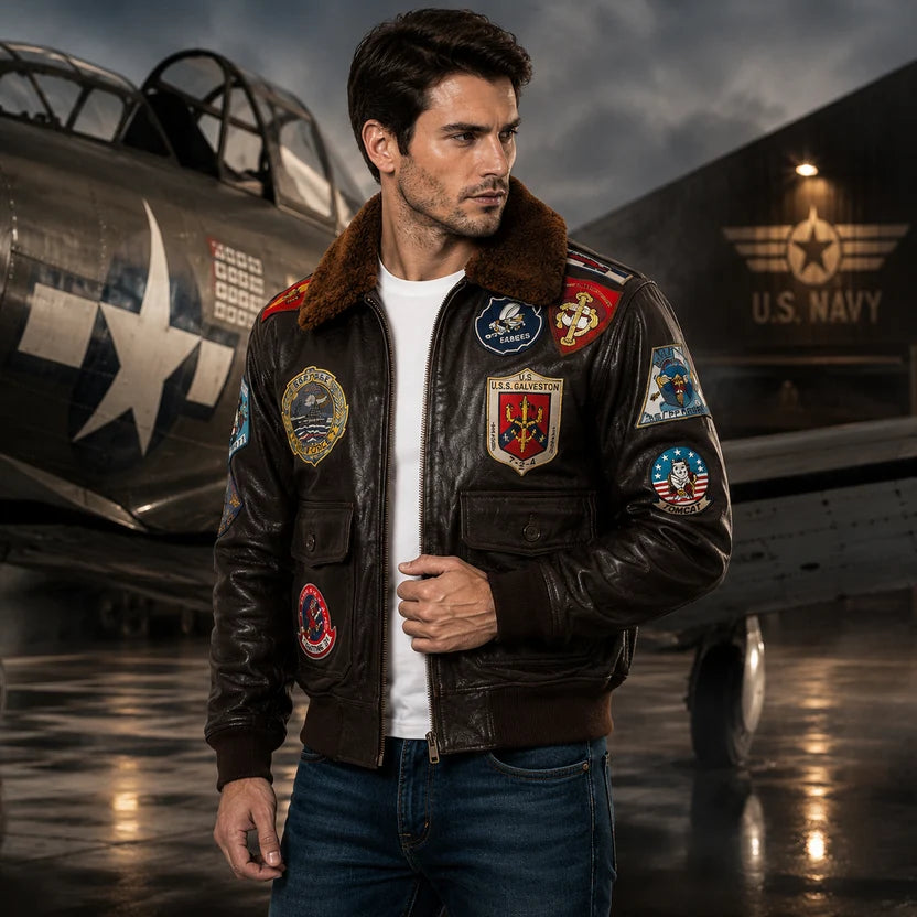 Men's Black Genuine Leather Top Gun Bomber Aviator Jacket