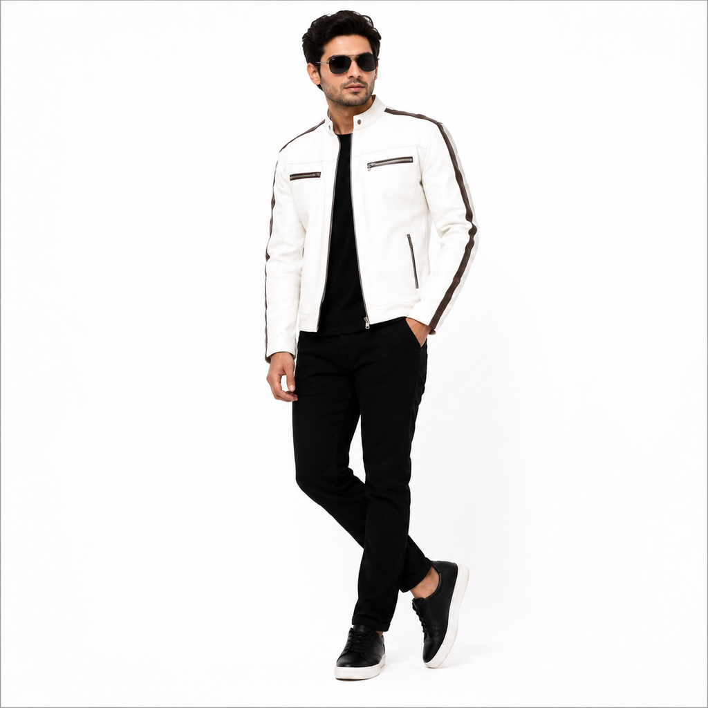 Men's White Premium Leather Biker Jacket
