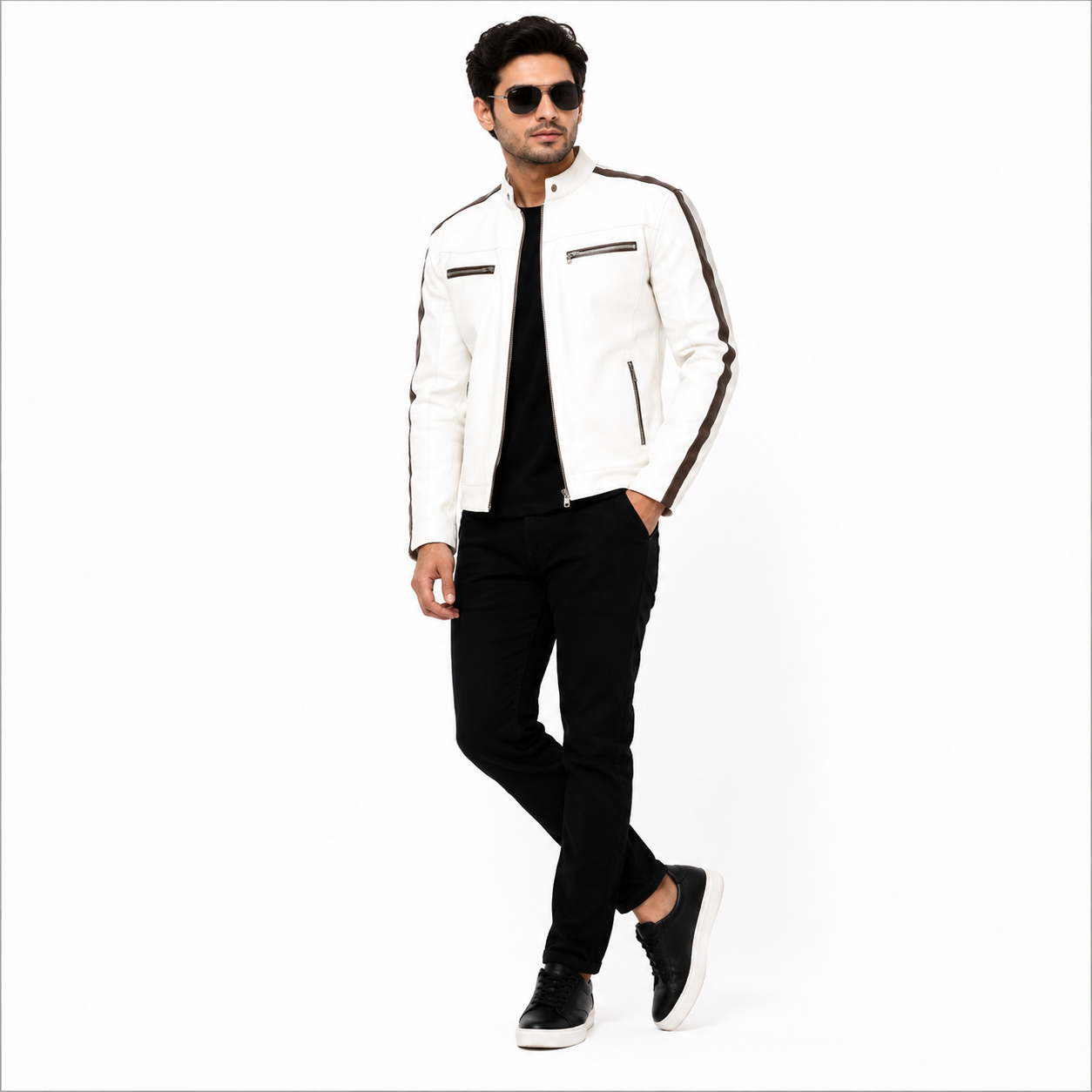 Men's White Premium Leather Biker Jacket