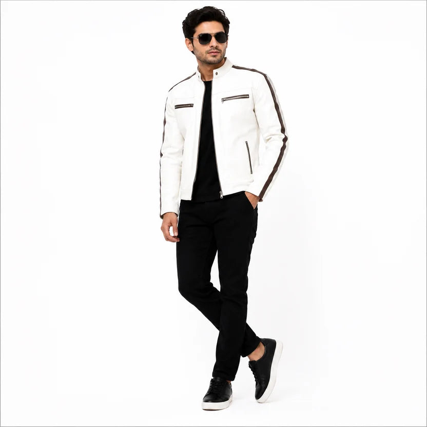 Men's White Black Stripe Cafe Racer Leather Jacket Clean Sport Outfit