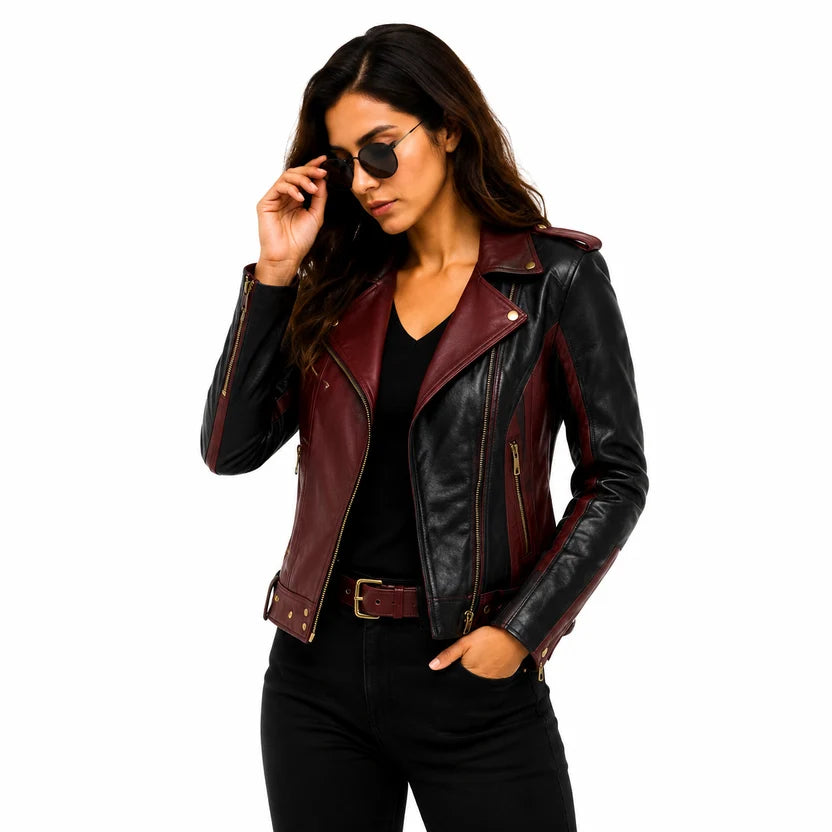 women's maroon black leather jacket
