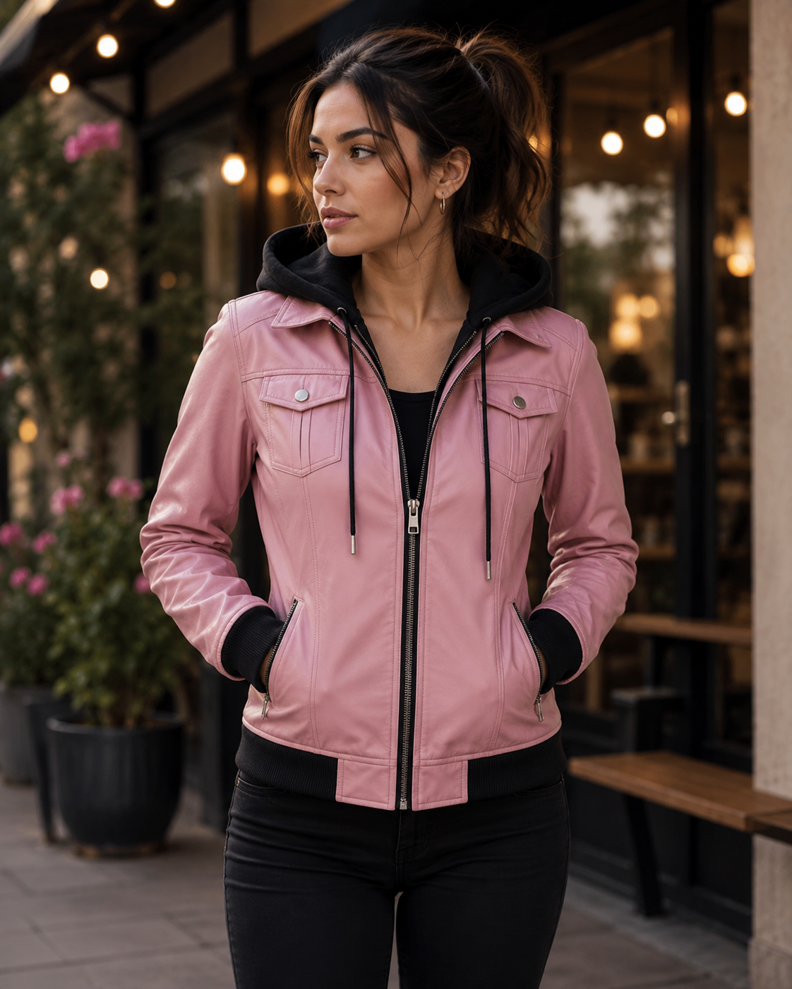 pink leather jacket women