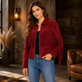 Women's Red Faux Suede Fringe Zip-Up Jacket