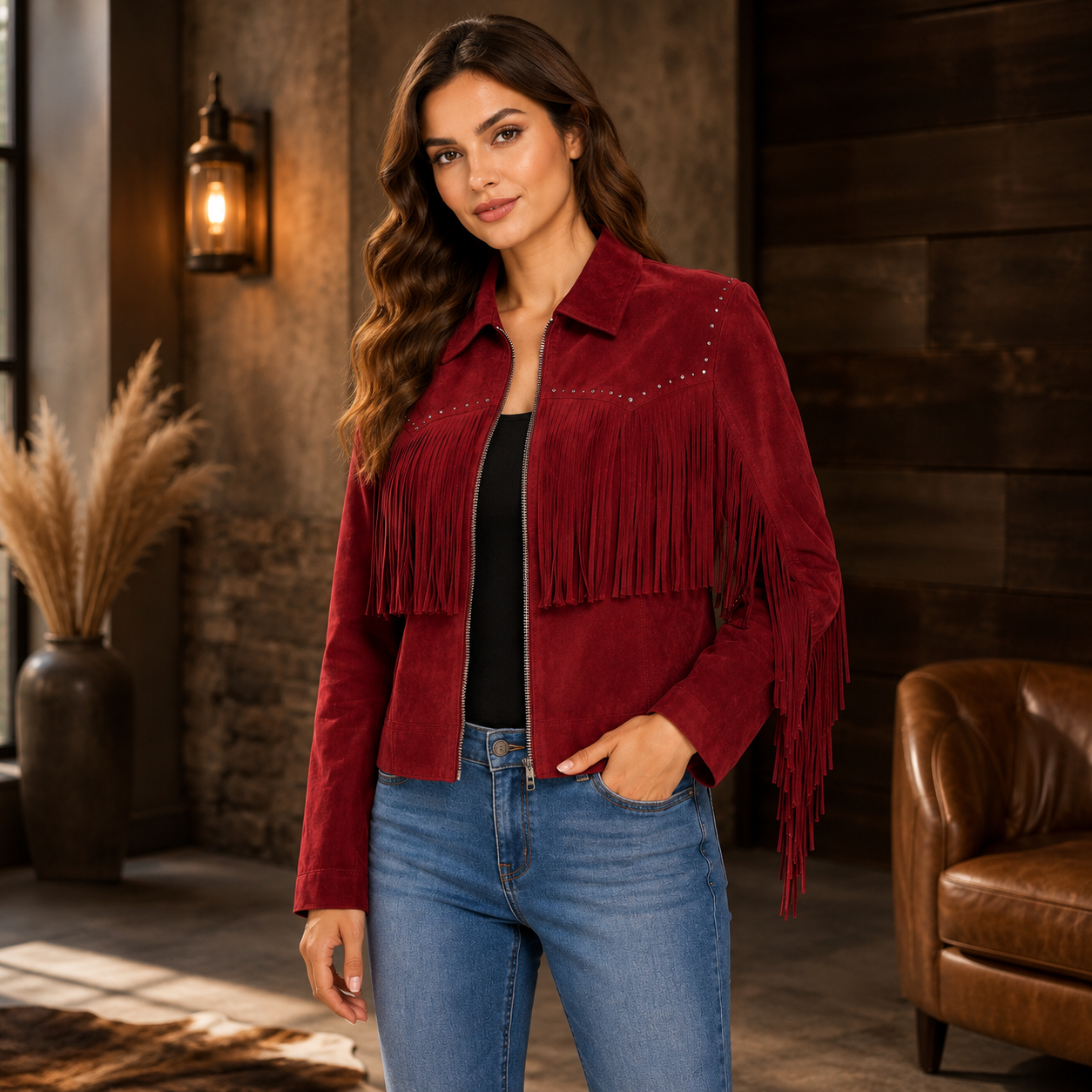 Women's Red Faux Suede Fringe Zip-Up Jacket
