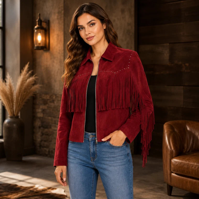 Women's Burgundy Red Suede Fringe Studded Western Jacket