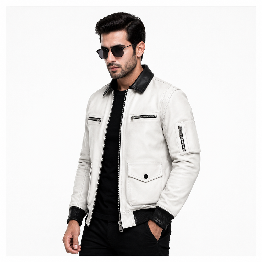 Men's white leather flight bomber jacket