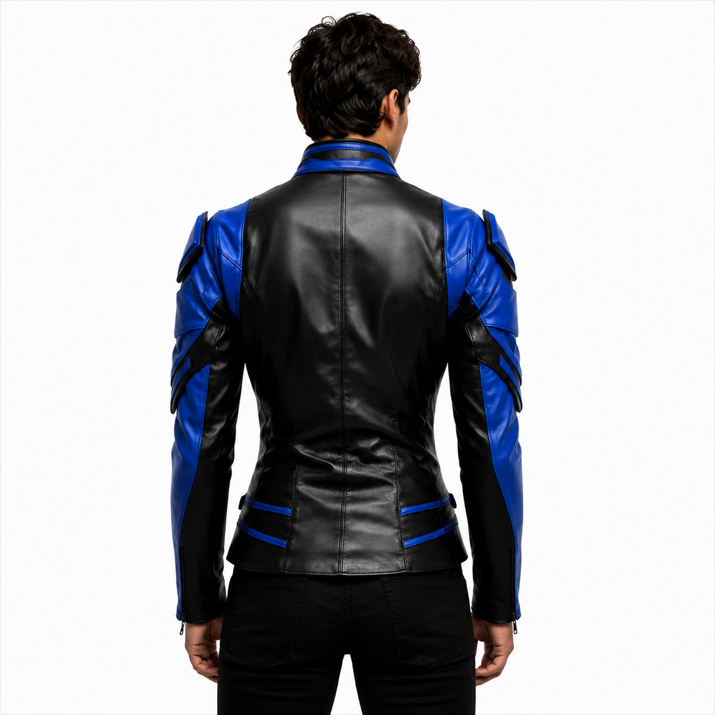 Men's Blue Black Armored Leather Jacket 