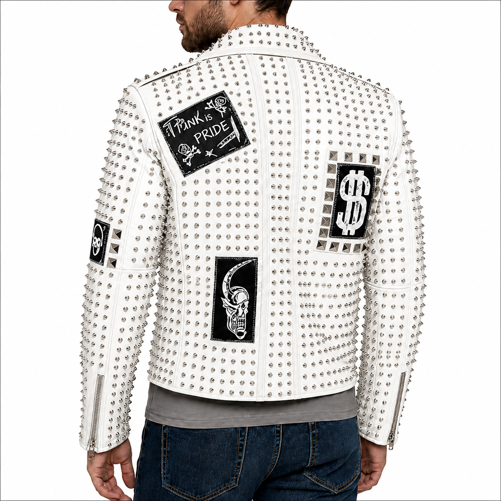 White studded leather biker jacket