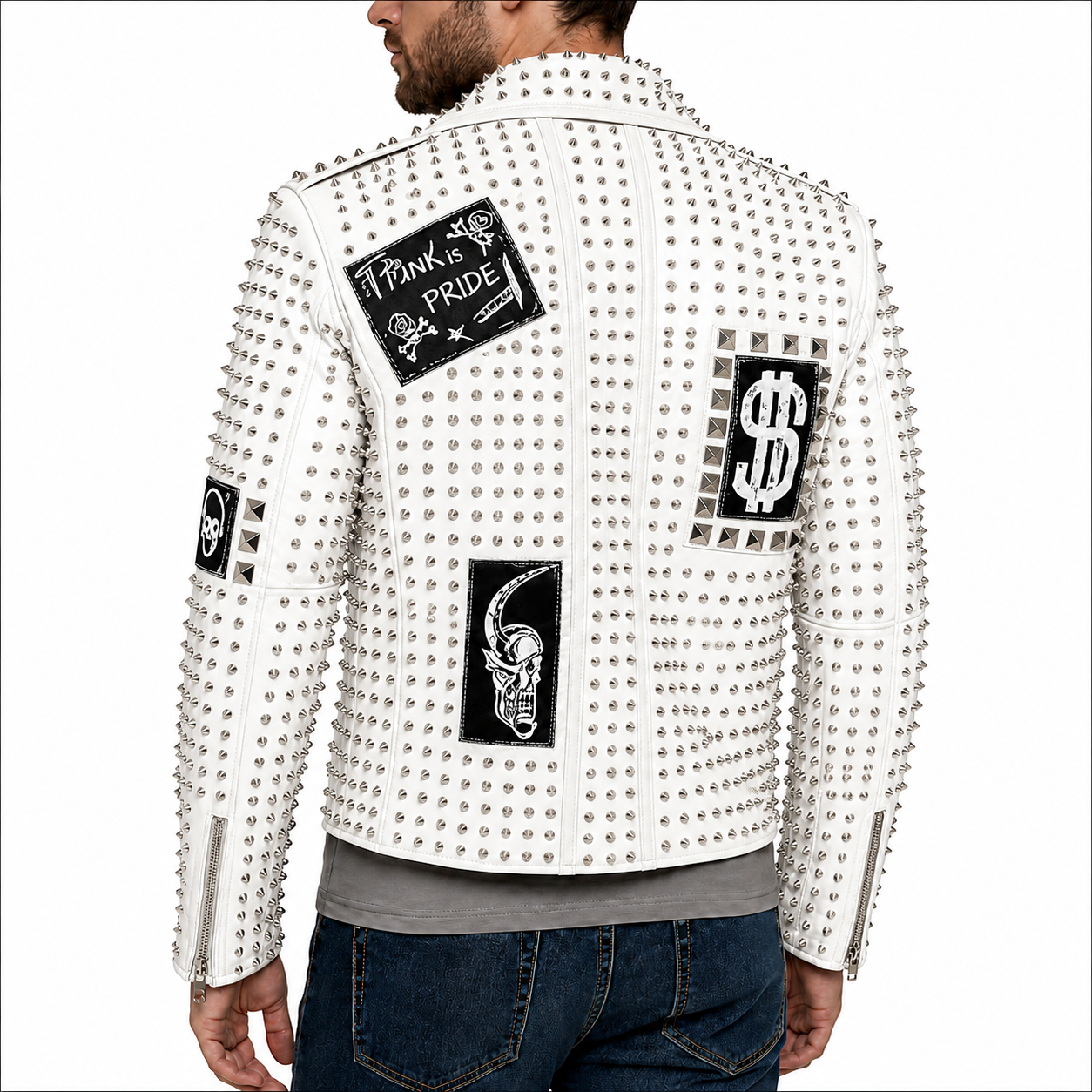 White studded leather biker jacket