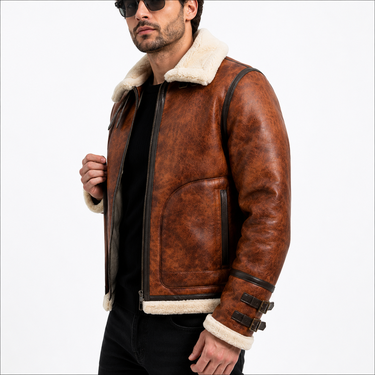 Men's Brown Faux Shearling Aviator Flight Jacket