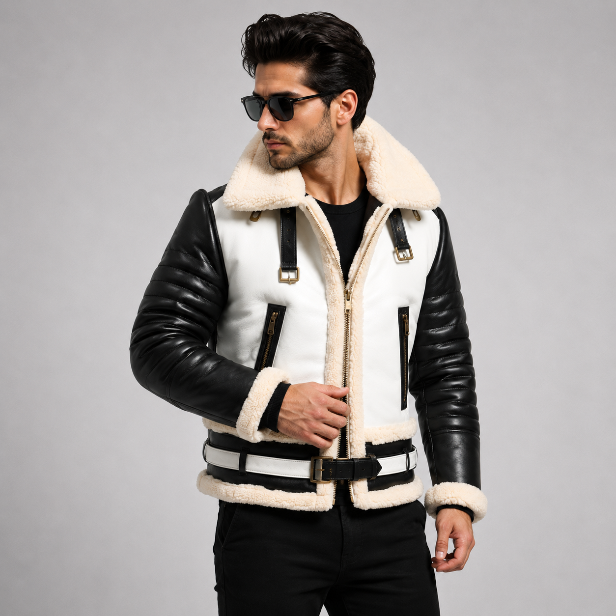 Men's Black and White Shearling Bomber Jacket
