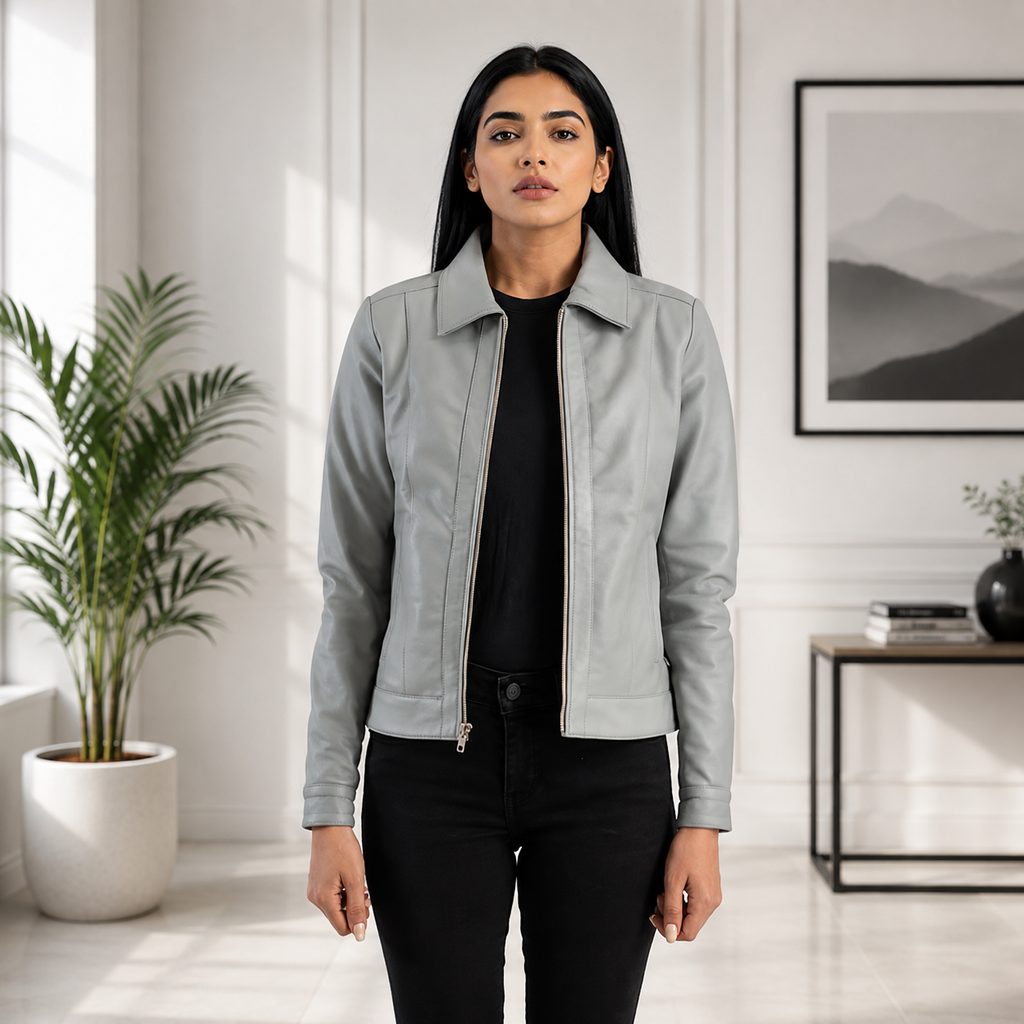 Women's Light Grey Genuine Leather Classic Zip Jacket