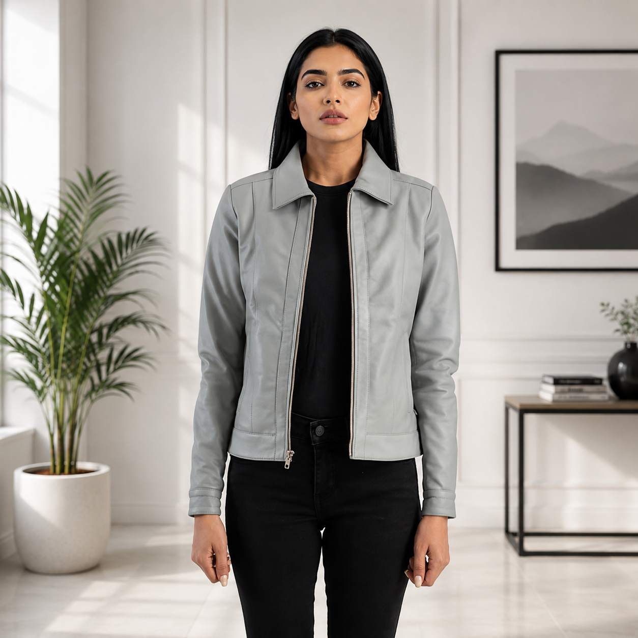 Vixen Grey Classic Collar Leather Jacket