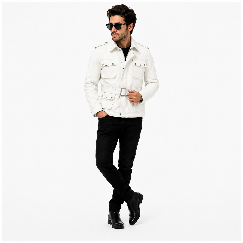 Men's White Military Safari Leather Field Jacket