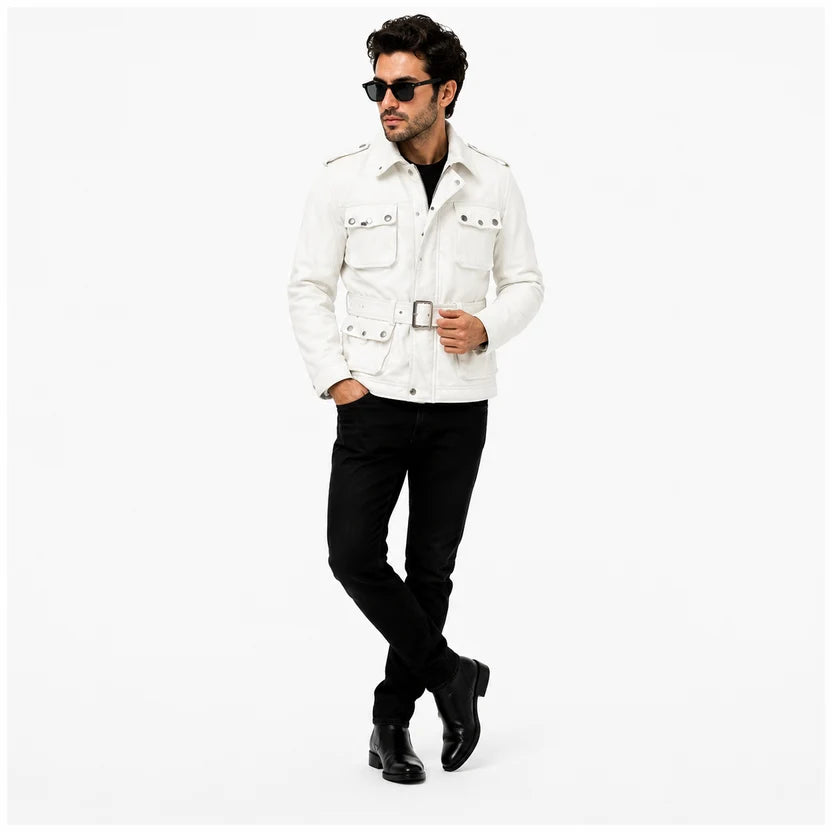 Men's White Leather Field Biker Jacket Premium Minimal Streetwear Outfit