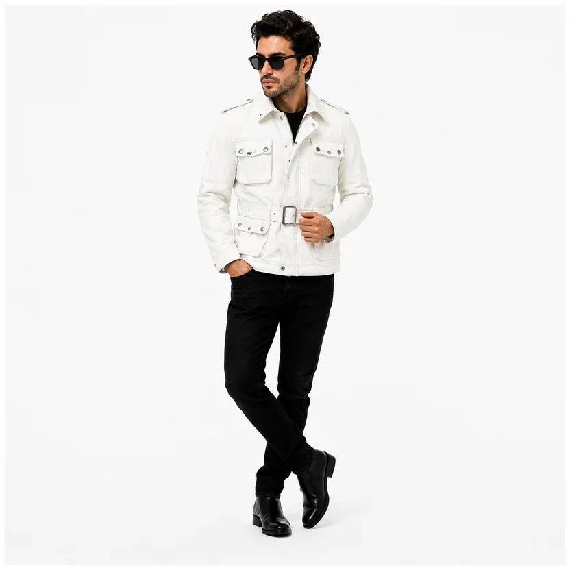 Men's Black Leather Military Field Jacket