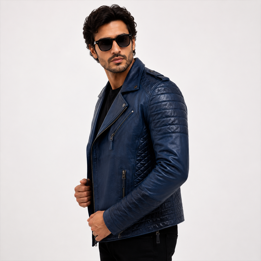 Men's Distressed Navy Blue Asymmetric Leather Biker Jacket