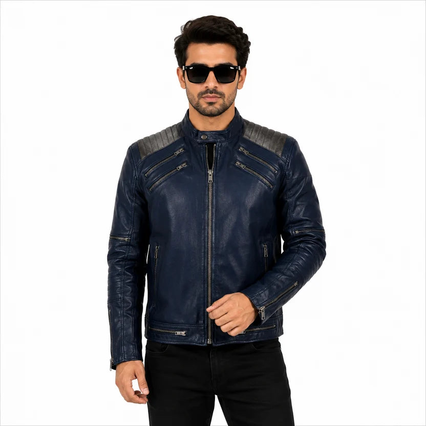 Men's Navy Blue Michael Jackson Inspired Leather Jacket