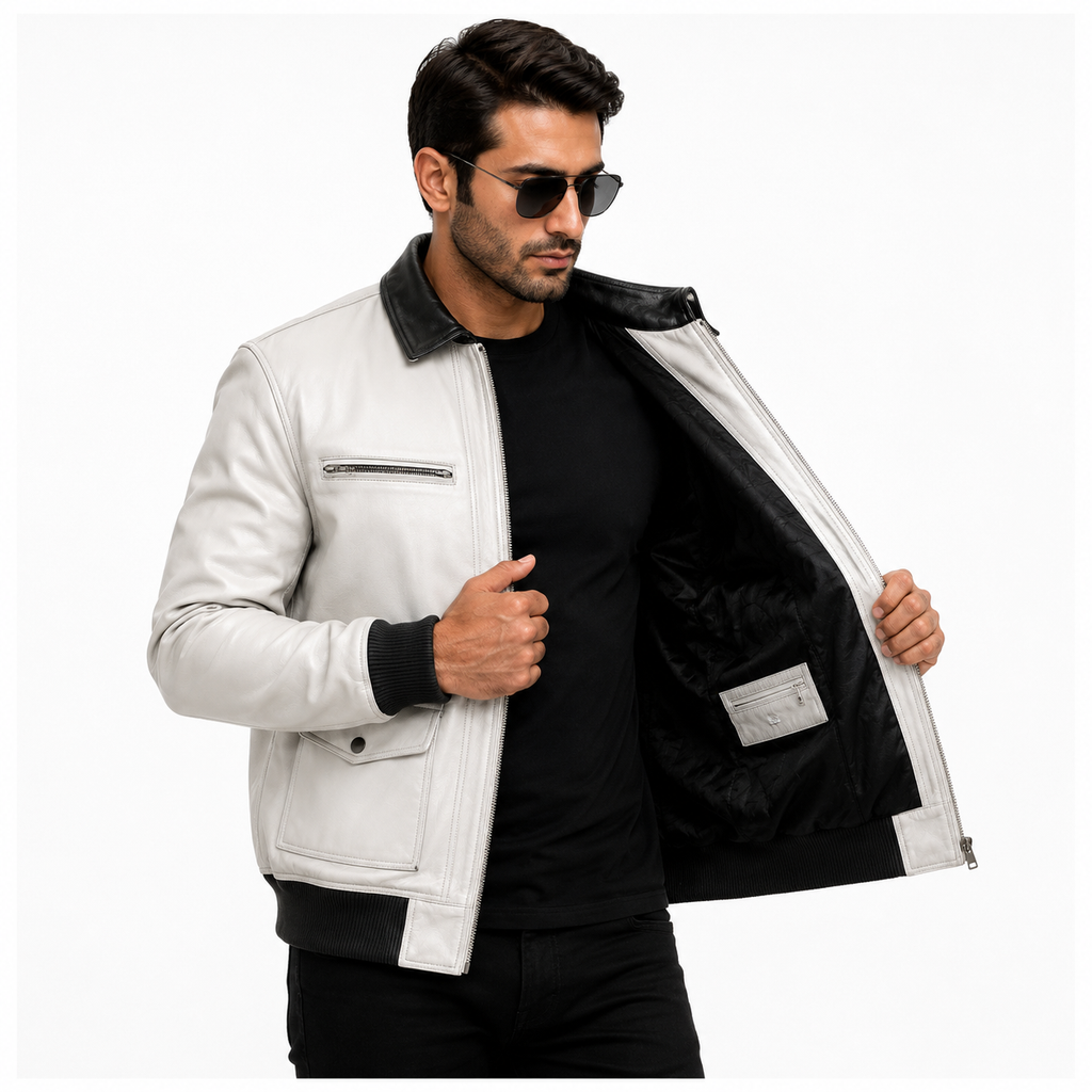 Men's white leather flight bomber jacket