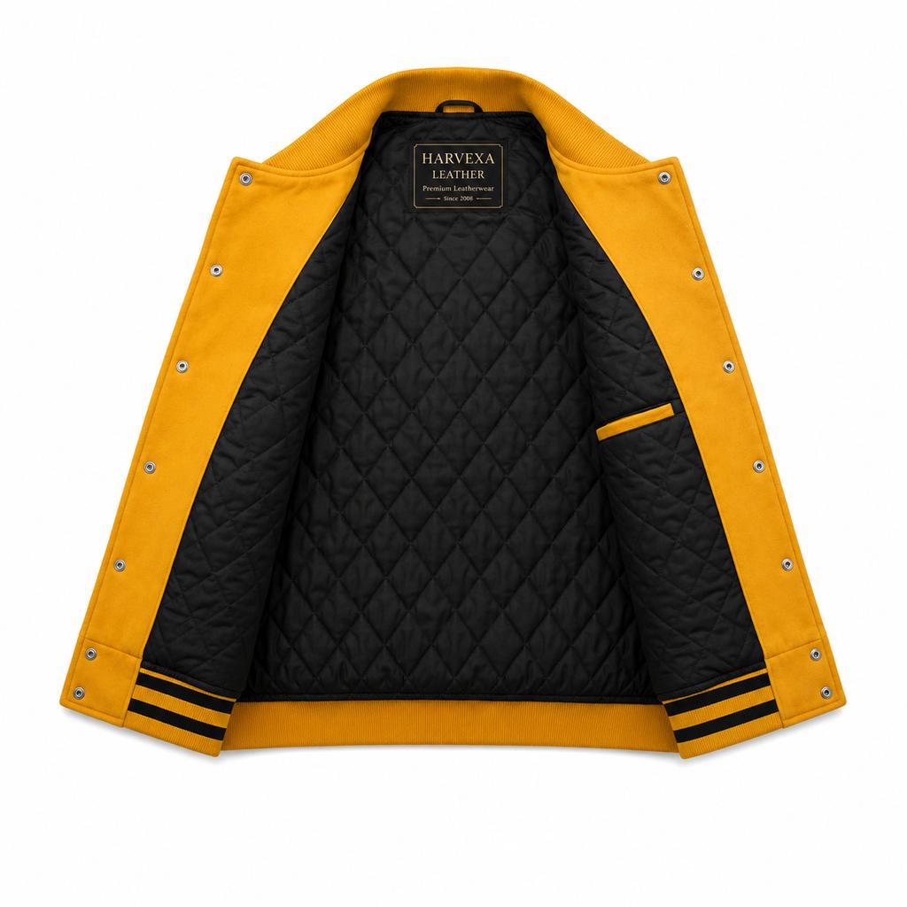Women's Yellow and Black Varsity Letterman Jacket with Faux Leather Sleeves