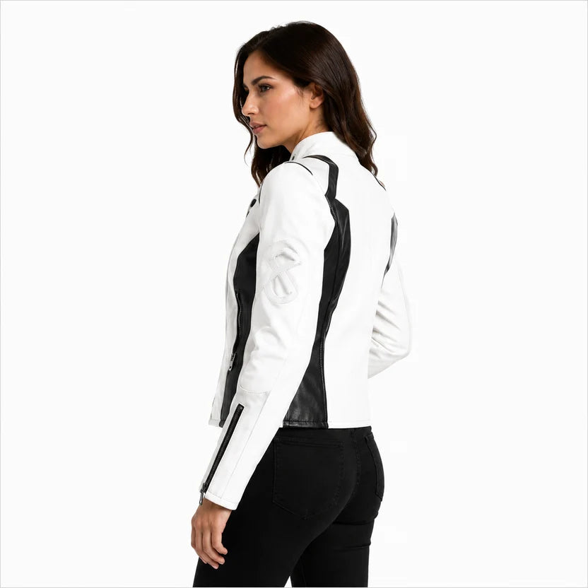 Women's White Black Panel Leather Jacket Sporty Streetwear Outfit