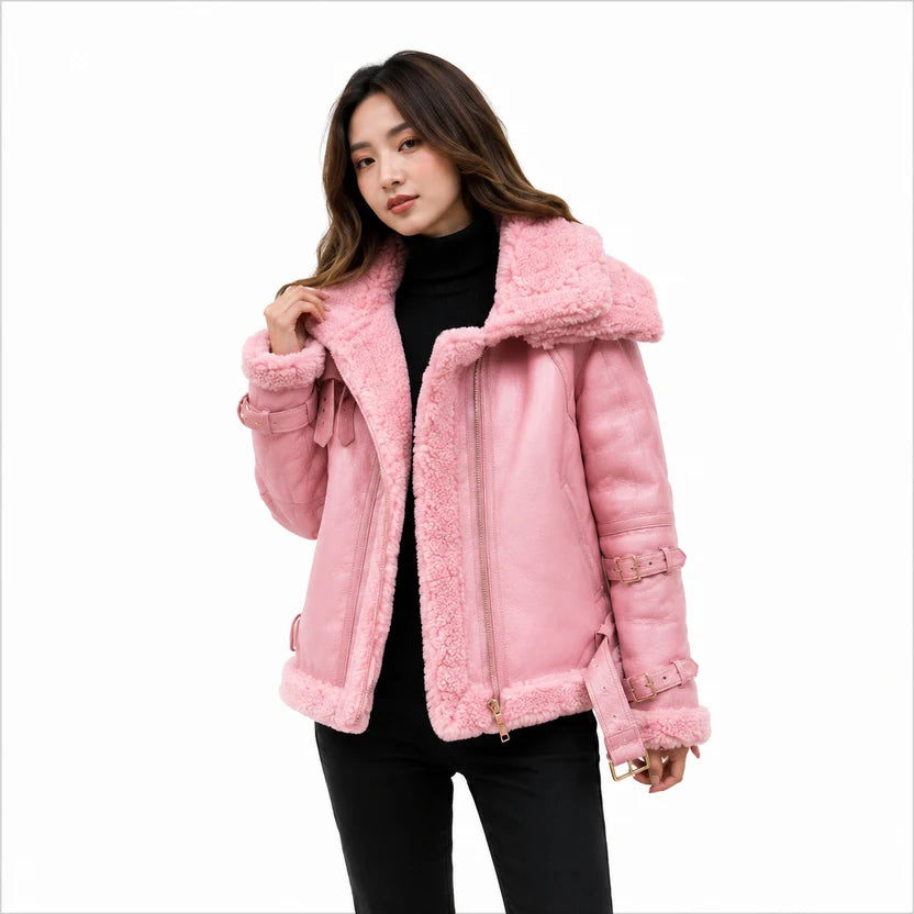 Women's pink shearling aviator jacket winter outfit
