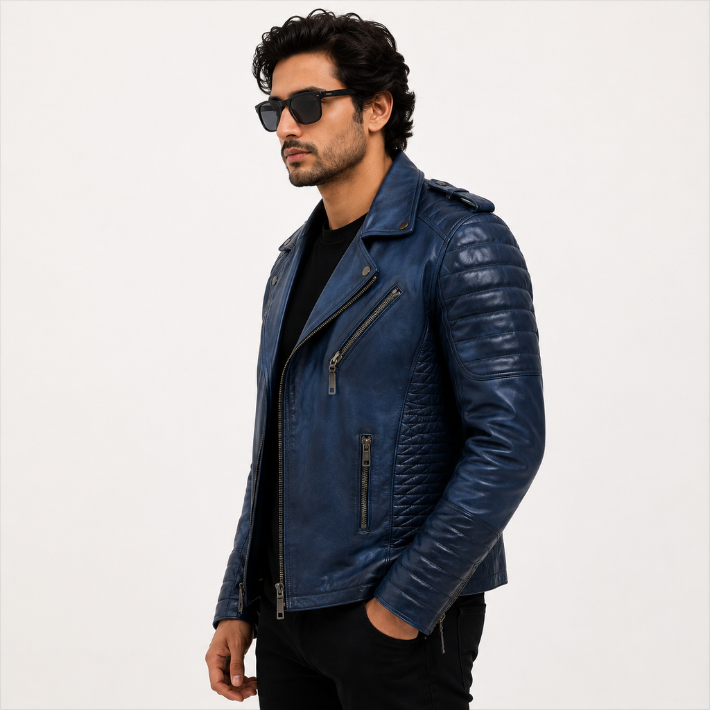Men's Distressed Navy Blue Asymmetric Leather Biker Jacket
