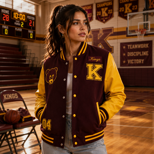Maroon and Yellow College Dropout Bear Varsity Jacket Front with Bear Patch K Letter and Kanye Name Patch