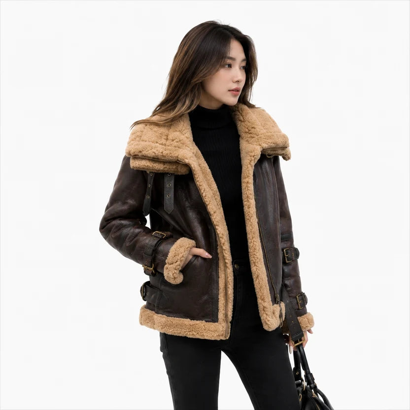 women's dark brown genuine leather shearling bomber jacket