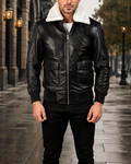 Black Leather Bomber Jacket with White Shearling Collar