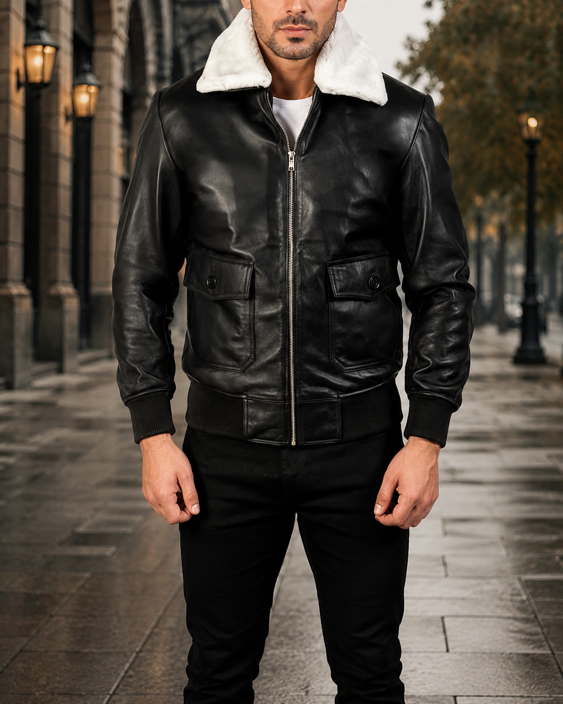 Black Leather Bomber Jacket with White Shearling Collar