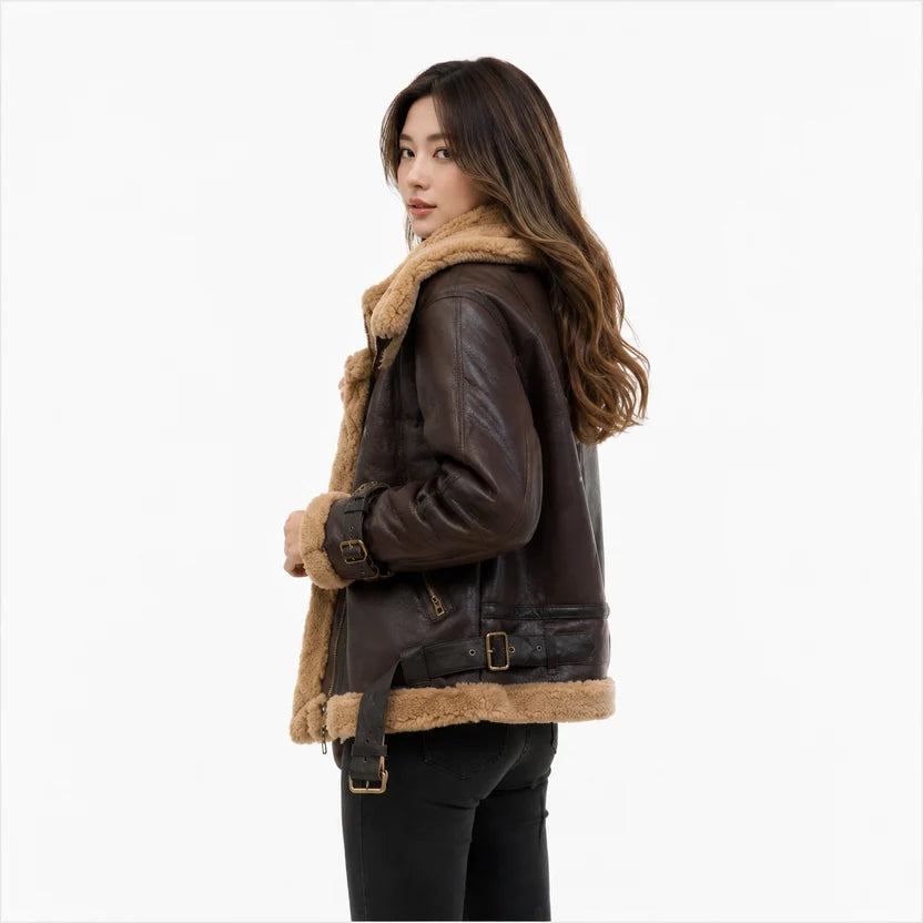 women's dark brown genuine leather shearling bomber jacket