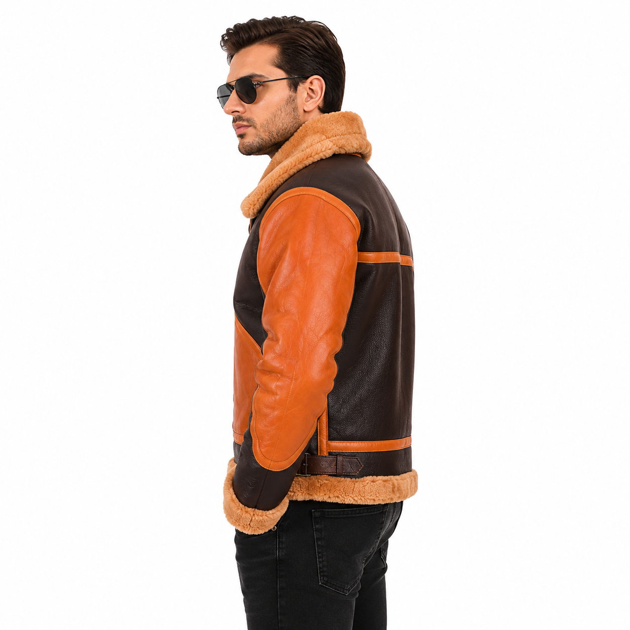 Tan Shearling Leather Bomber Jacket