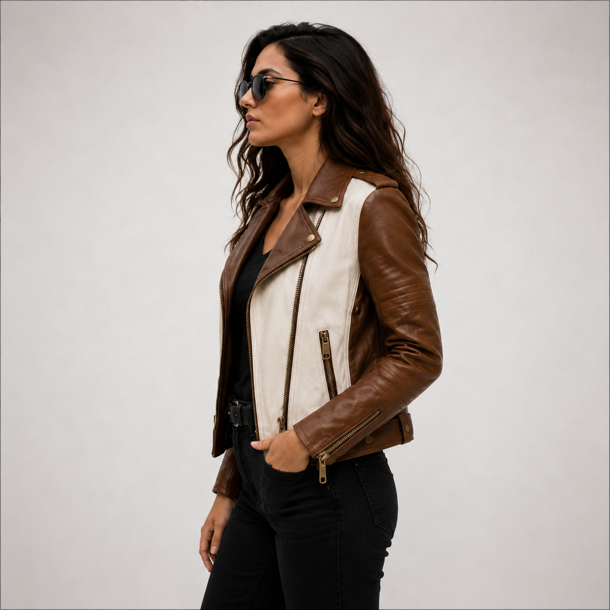 Women's Brown & Cream Biker Leather Jacket