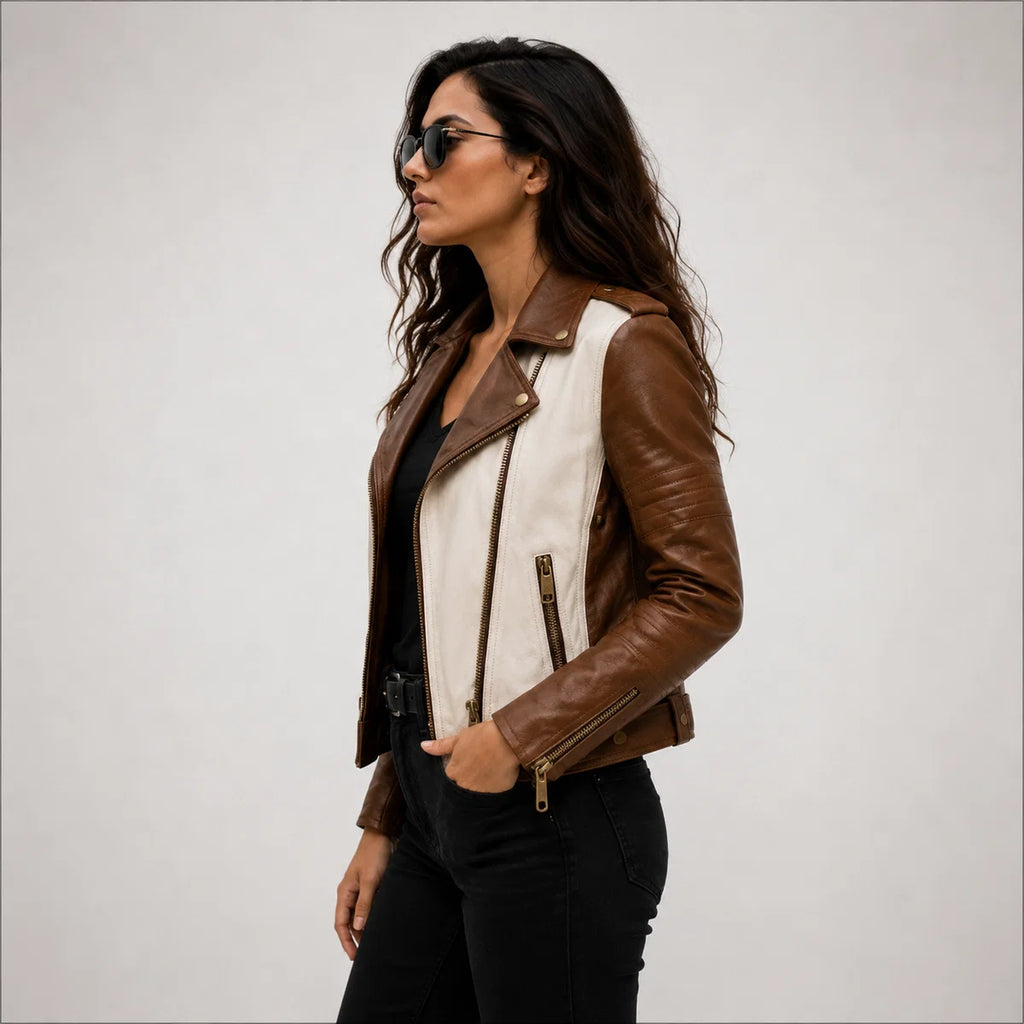 Women's Black & White Genuine Leather Moto Jacket