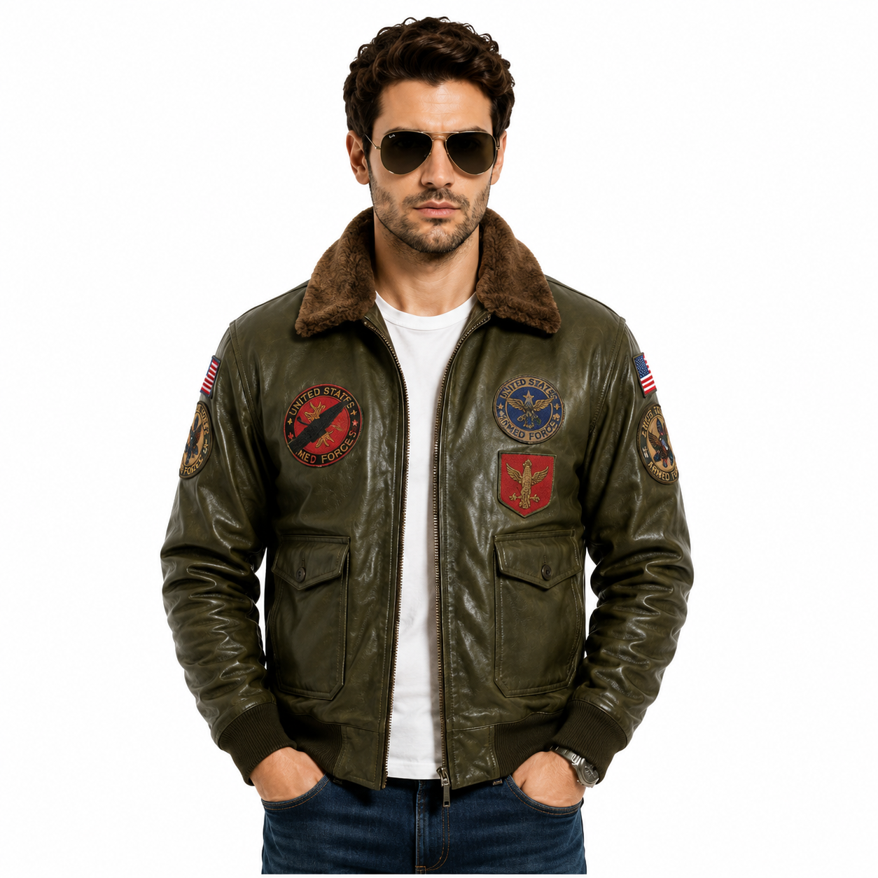 Men's Olive Green G-1 Aviator Leather Flight Jacket